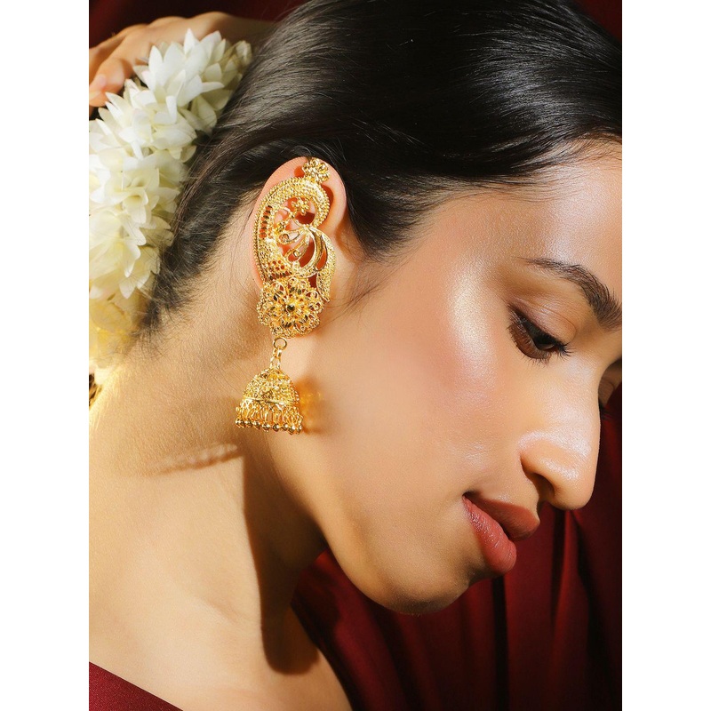 Rubans 18K Gold-Plated Peacock Design Full Ear-Coverage Filigree Jhumka Earrings