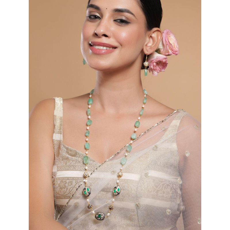 Rubans 22K Gold-Plated Aqua Green Beaded Antique Pendant Necklace Set with Earrings