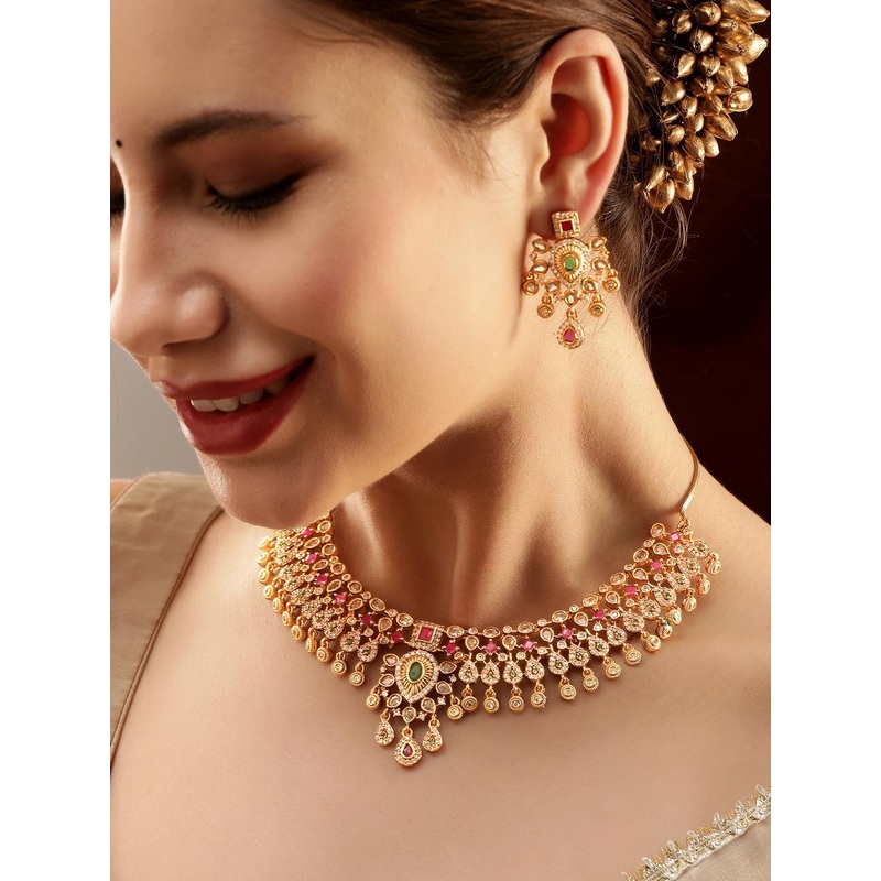 Rubans 22K Gold-Plated Brass Emerald Ruby Pink Kundan & CZ Stone Traditional Necklace Set
