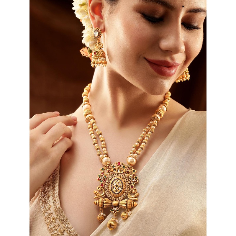 Rubans 22K Gold Plated Ruby,Emerald Kundan Studded Pearl & Gold Beaded Jewellery Set