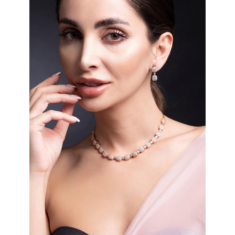 Rubans 22K Rose Gold Plated Pave AAA Cubic Zirconia Beaded Premiun Necklace Set