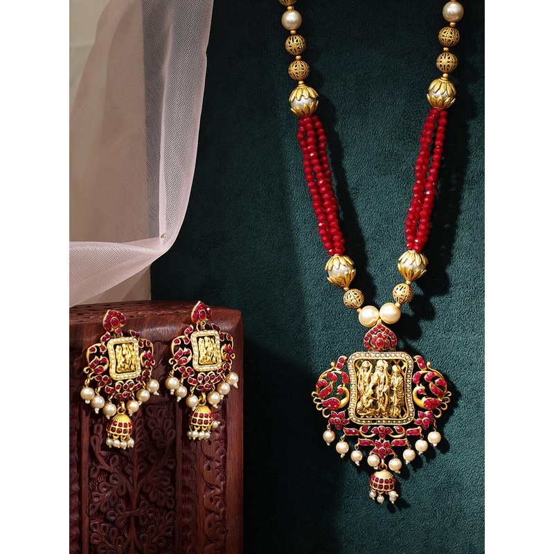 Rubans Gold-Plated & Red Stone-Studded & Pearl Beaded Handcrafted Jewellery Set