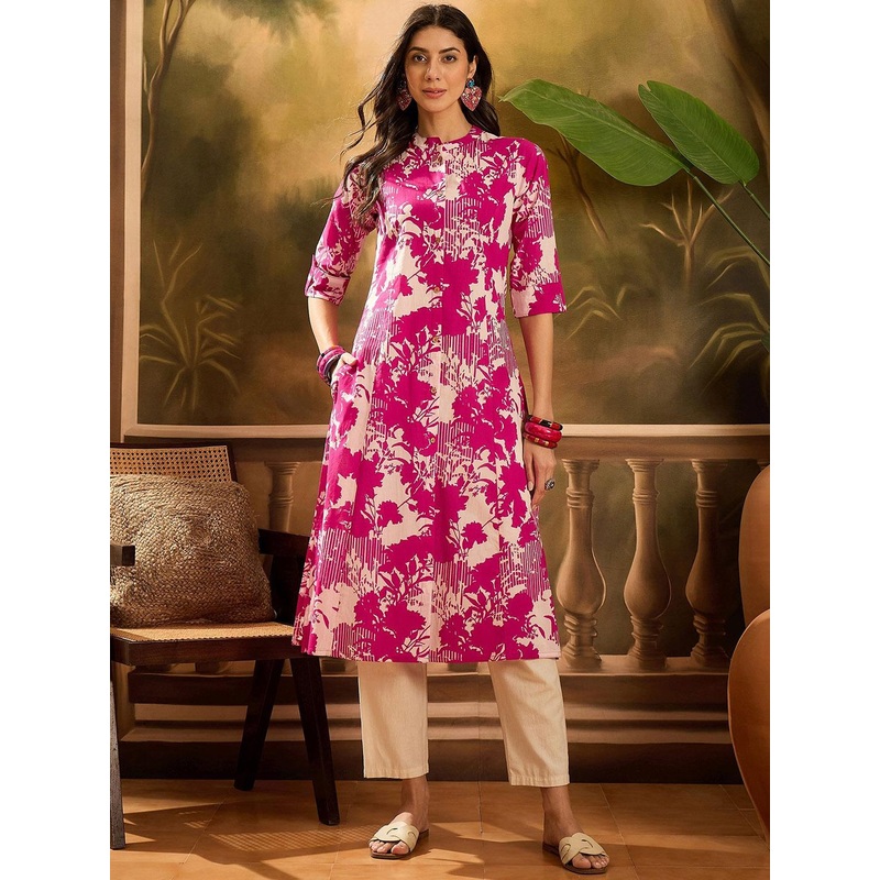 Sangria Abstract Printed Mandarin Collar Pure Cotton Straight Kurta
