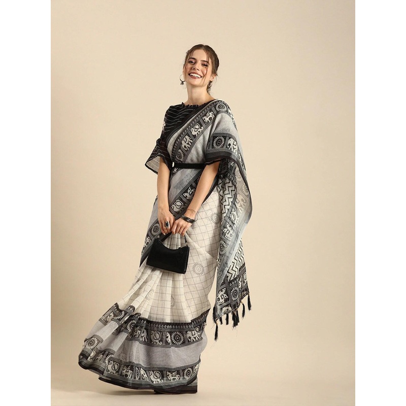 Sangria Black & Grey Ethnic Motifs Zari Pure Linen Saree