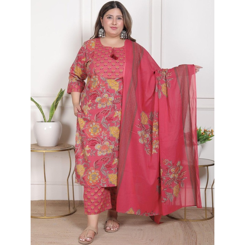 Swasti Plus Size Floral Printed Pure Cotton Kurta With Trousers And Dupatta