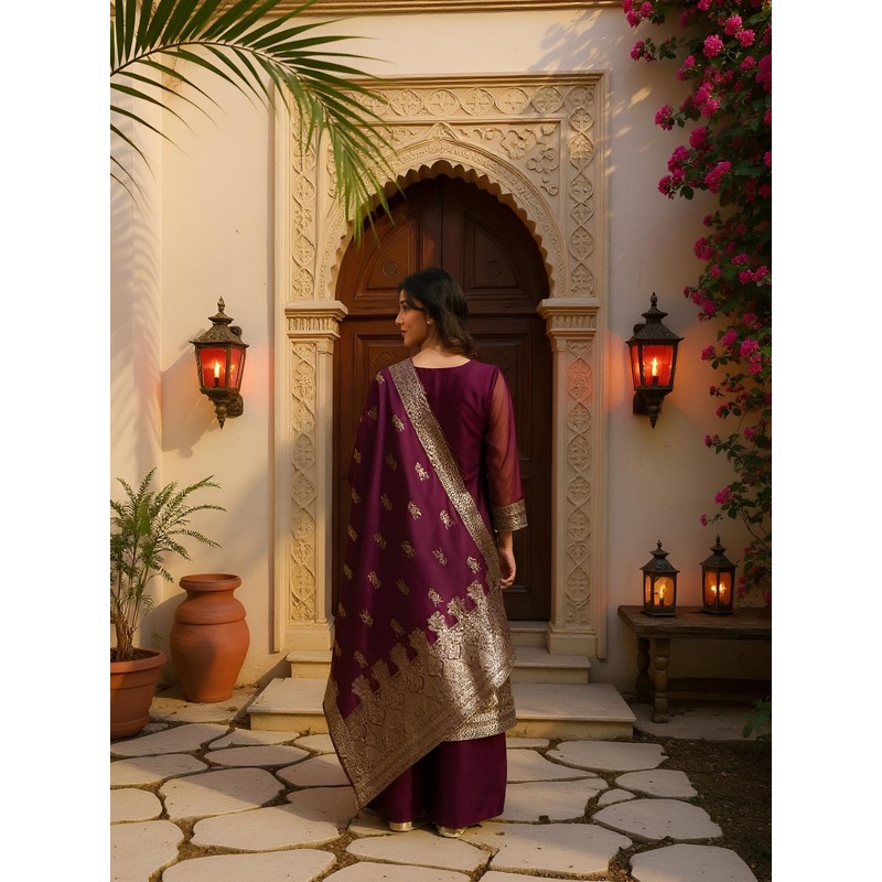 SZN Women Ethnic Motifs Woven Design Kurta with Palazzos & Dupatta