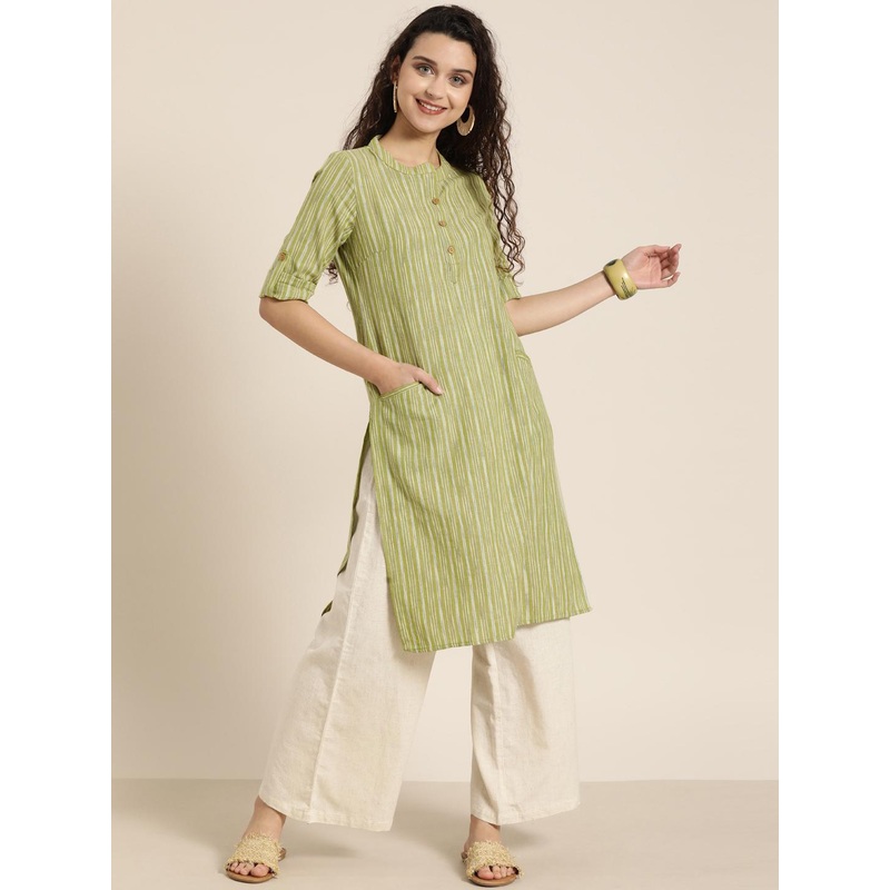 Taavi Women Green Woven Design Woven Legacy Straight Kurta with Pockets