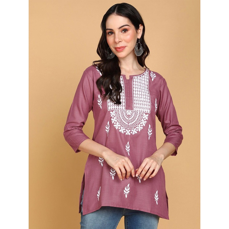 TOP N THREAD Ethnic Motifs Embroidered Round Neck Three-Quarter Sleeves Chikankari Kurti
