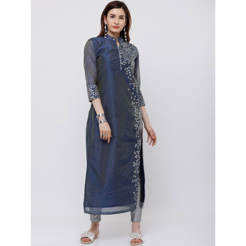 Vishudh Blue Floral Printed Mandarin Collar Chanderi Straight Kurta
