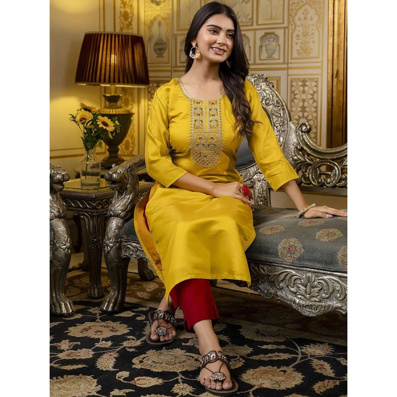 VredeVogel Floral Embroidered Round Neck Regular Sequinned Straight Kurta