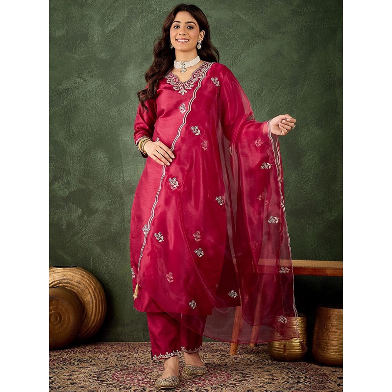 VredeVogel Floral Embroidered Thread Work Kurta With Trousers & Dupatta