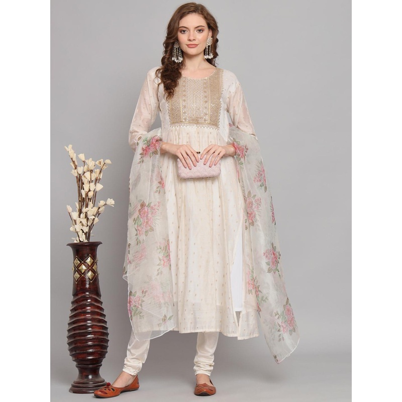 VredeVogel Women Floral Embroidered Empire Chanderi Silk Kurta With Dupatta