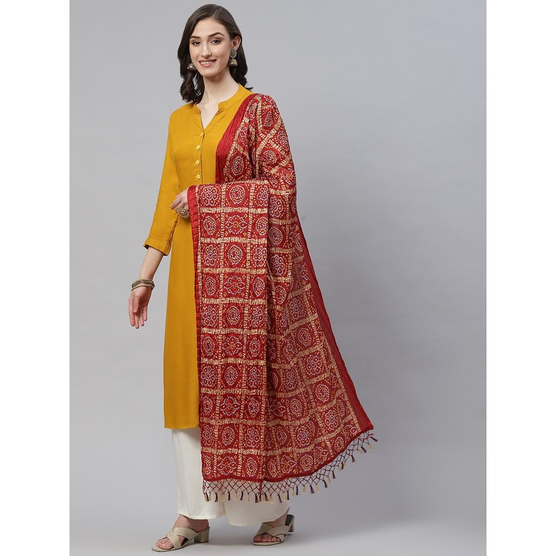 WEAVERS VILLA Maroon & Beige Printed Cotton Silk Dupatta