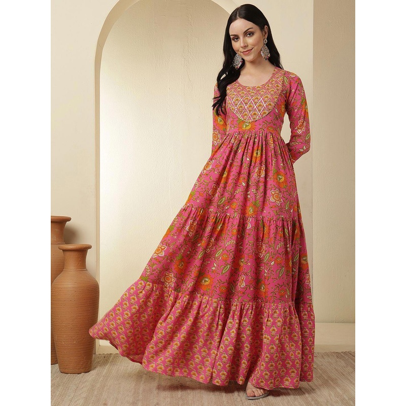 WOMENCLICK Women Floral Printed Tiered Anarkali Ankle Length Kurta