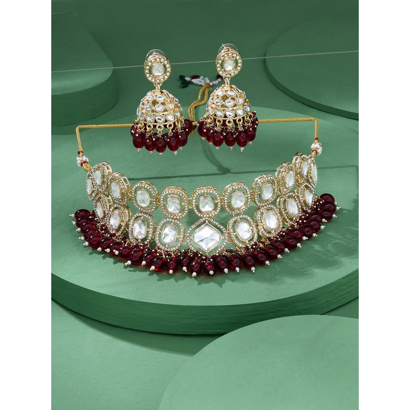 Zaveri Pearls Gold-Plated Stone-Studded & Cluster Beaded Bridal Jewellery Set