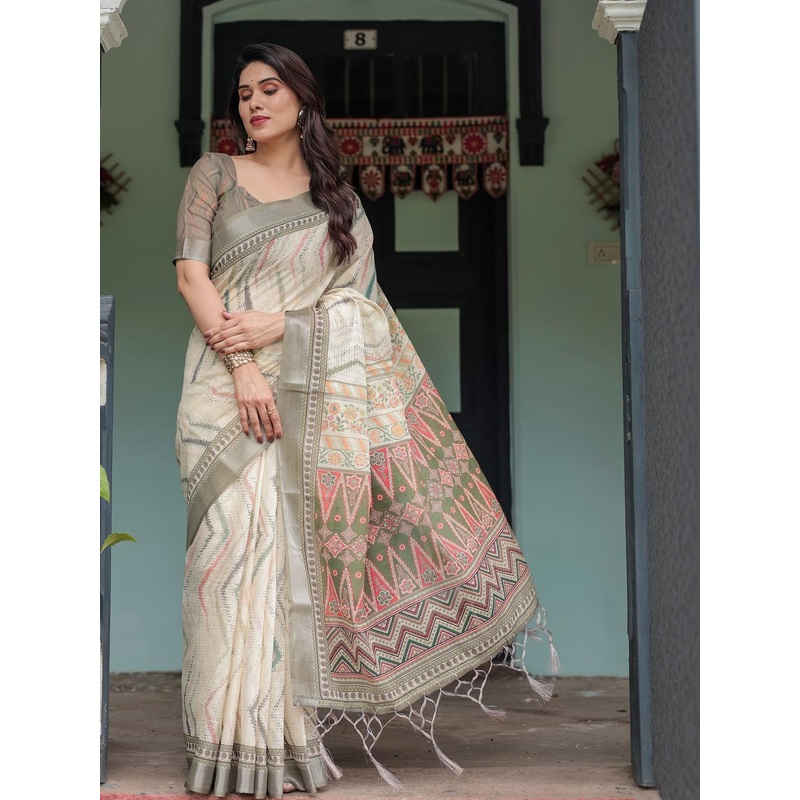 ZIRVI Ethnic Motifs Linen Blend Tussar Saree