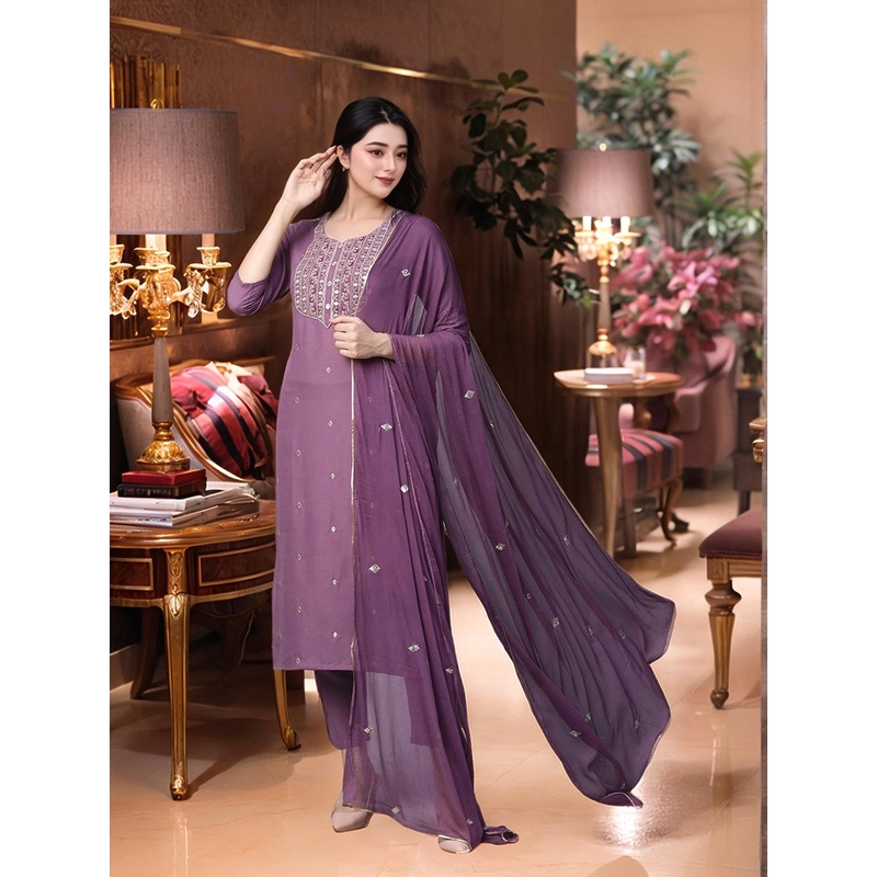 Aaghnya Floral Embroidered Notch Neck Kurta with Trousers & Dupatta