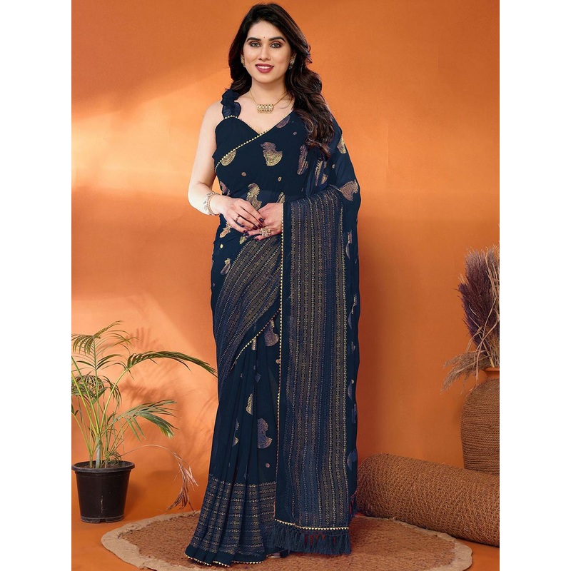 all about you Ethnic Motifs Navy Blue Foil Print Saree With Unstiched Blouse Piece