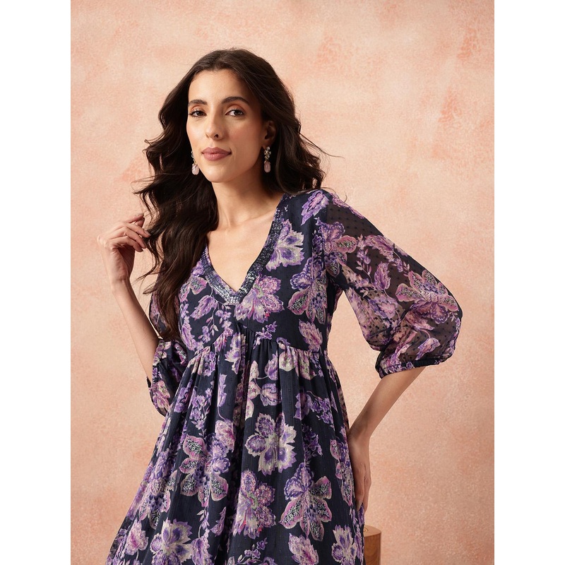 all about you Floral Print Puff Sleeve Dobby Empire Kurta