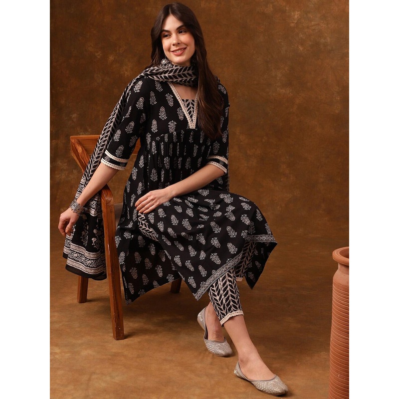Anouk Ethnic Motifs Printed Gotta Patti Pure Cotton Kurta With Trousers & Dupatta
