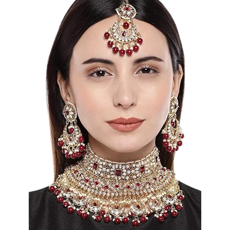Anouk Gold-Plated And Red Kundan Studded And Beaded Necklace With Earrings And Maang Tikka