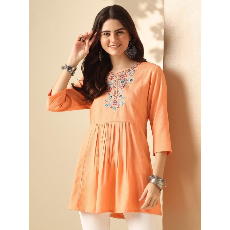 Anouk Round Neck Self Design Embroidered A-Line Top