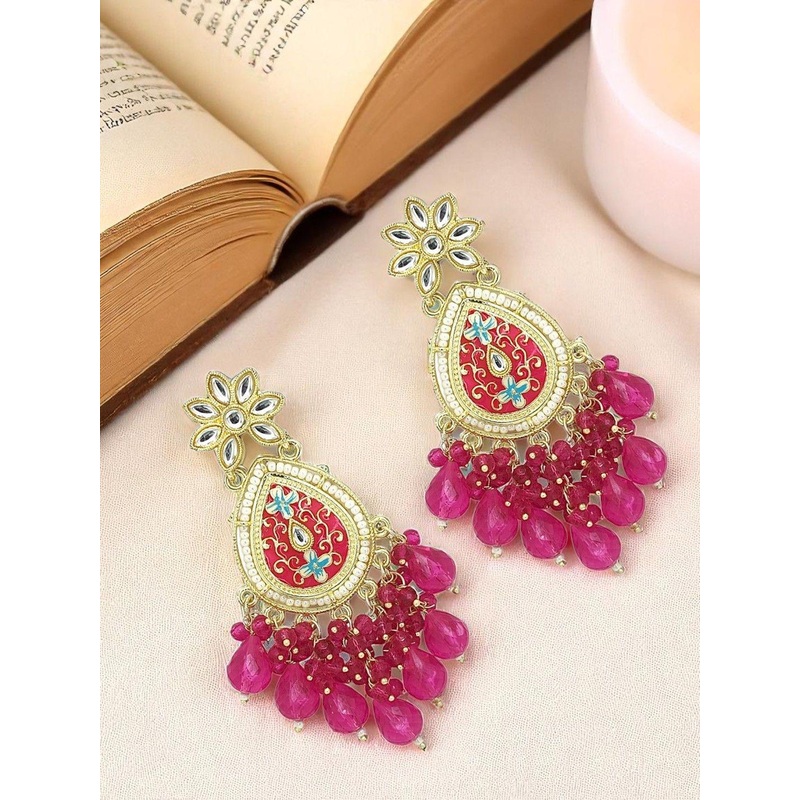 FEMMIBELLA Gold Plated Kundan Studded Meenakari  Teardrop Shaped Drop Earrings