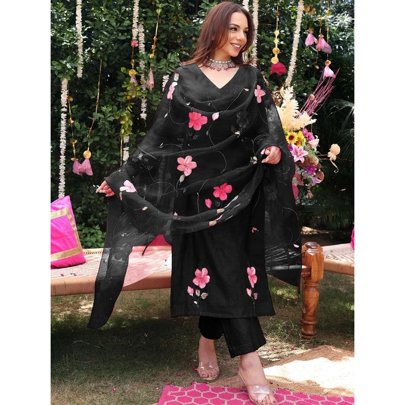 GoSriKi Floral Printed V-Neck Kurta with Palazzos And Dupatta