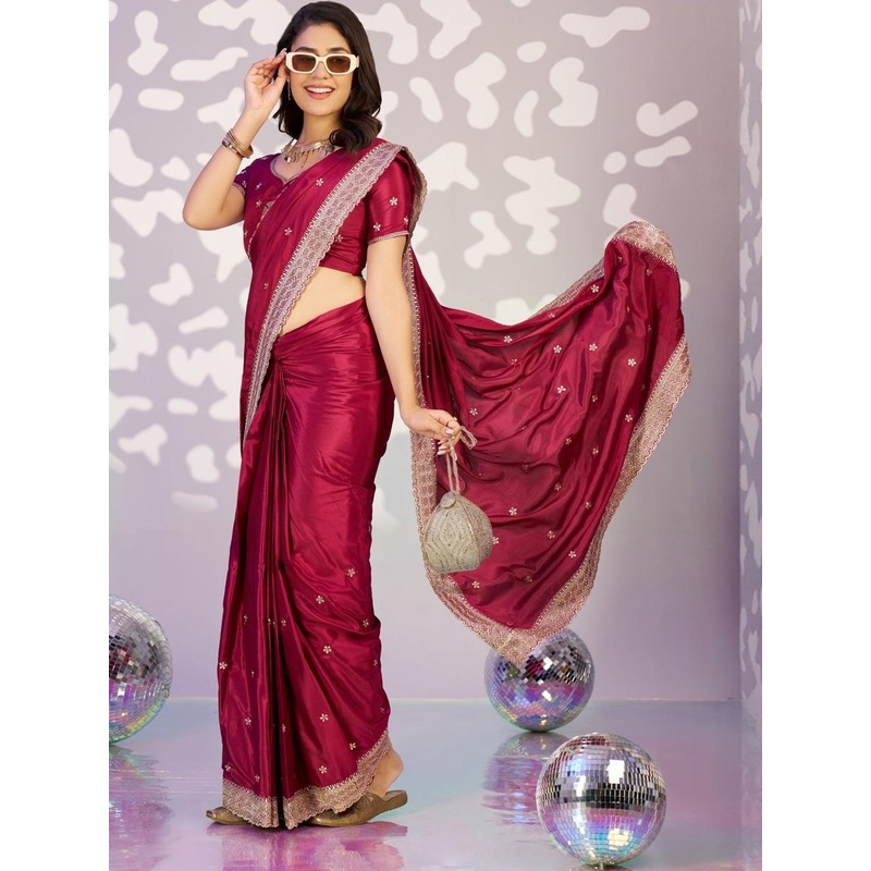 HERE&NOW Embroidered Pure Crepe Heavy Work Saree