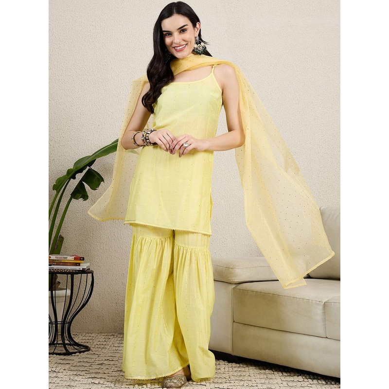 House of Pataudi Floral Embroidered Sequinned Straight Kurta With Sharara & Dupatta