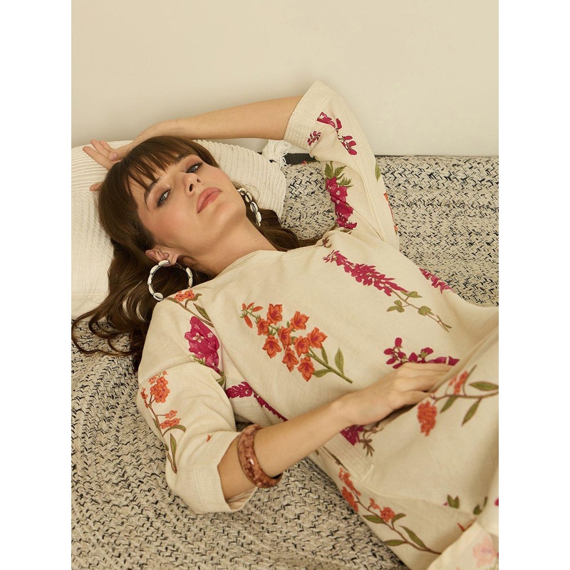 Indo Era Women Floral Printed Regular Thread Work Kurta with Palazzos