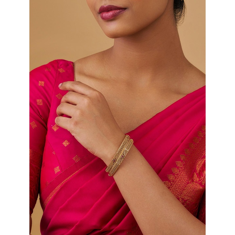 Kushal’s Fashion Jewellery Set Of 2 Gold Plated Stone Studded Antique Bangles
