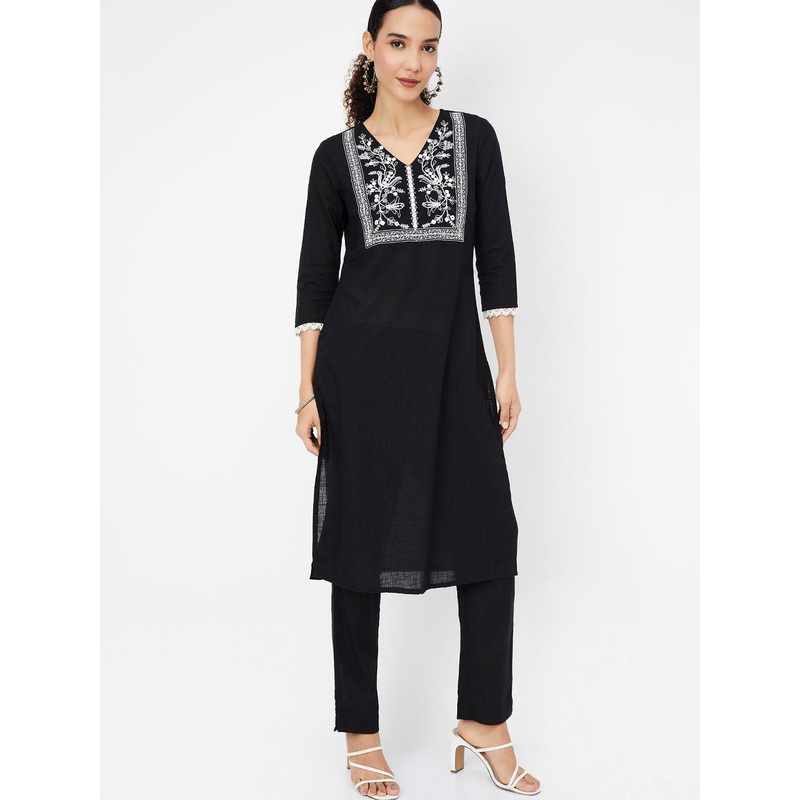 max Floral Yoke Design Thread Work Pure Cotton Straight Kurta With Trouser