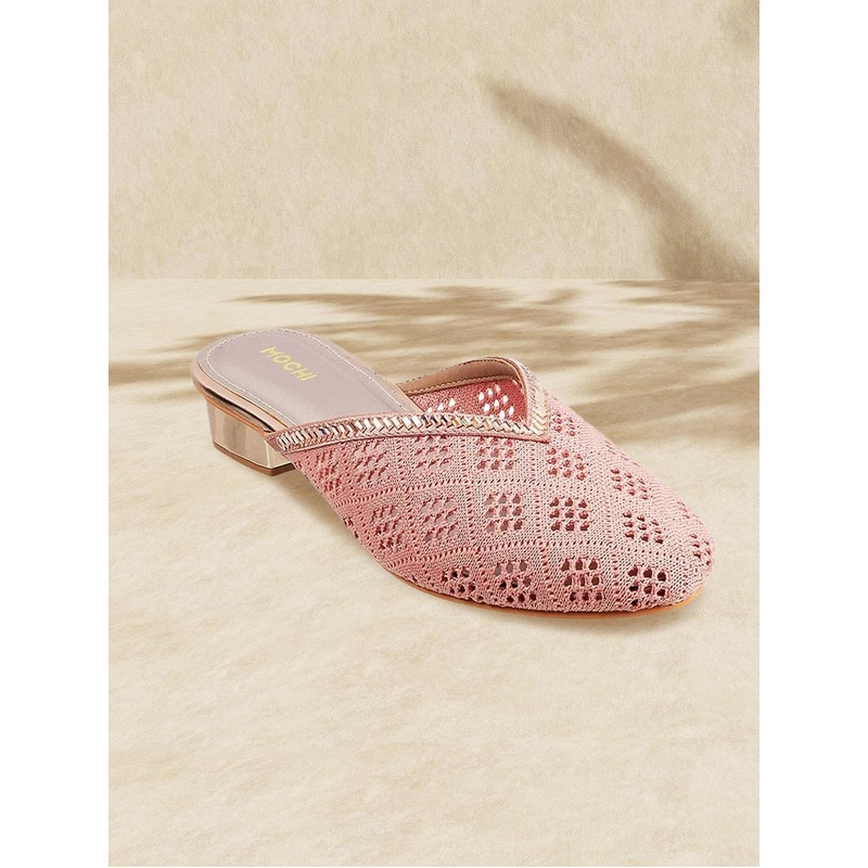 Mochi Women Pink Ethnic Woven Design Block Mules