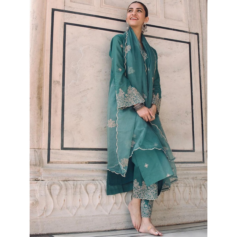 Royal Export Floral Embroidered Sequinned V-Neck Straight Kurta with Trousers and Dupatta