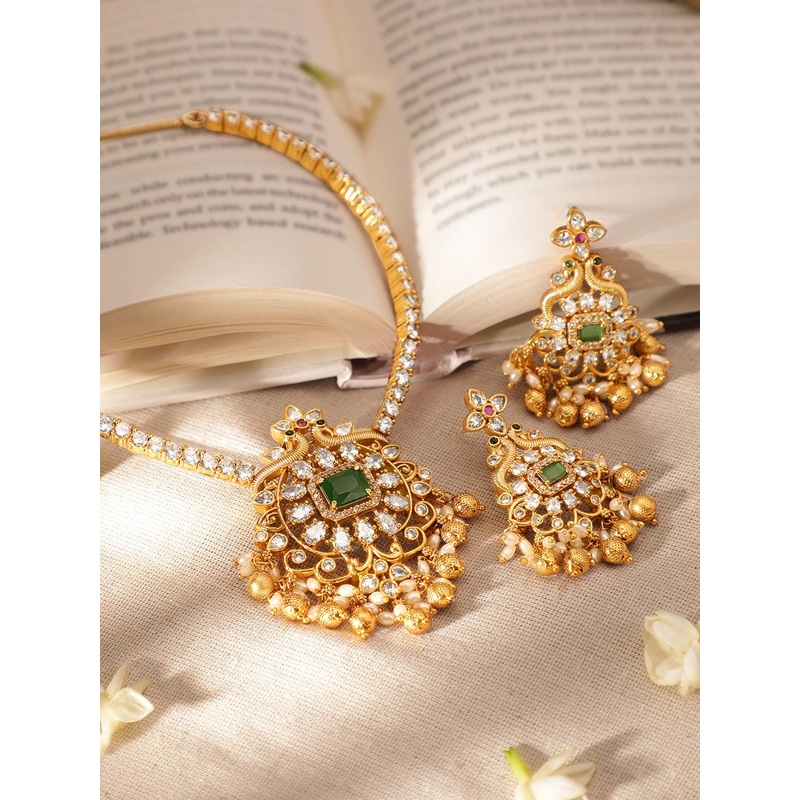 Rubans 22K Gold-Plated Emerald & Cubic Zirconia Jewellery Set with Golden & Pearl Beads