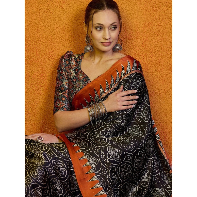 Sangria Block Printed Satin Saree With Blouse