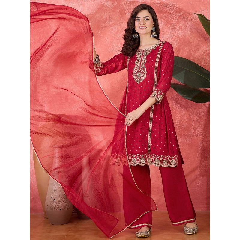 Sangria Zari Sequence Thread Cording Embroidered Kurta With Trousers & Dupatta