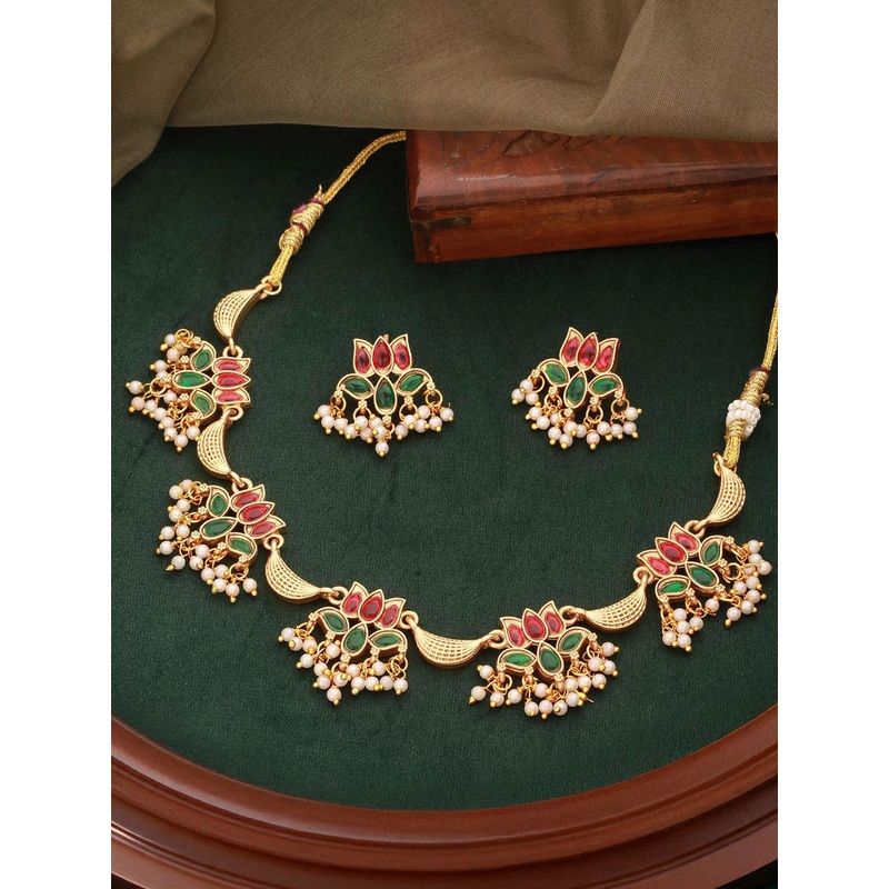 Saraf RS Jewellery Gold-Plated Stone Studded & Beaded Lotus Choker Jewellery Set