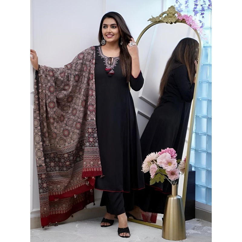 Siya Fashion Ethnic Motifs Embroidered Mirror Work Straight Kurta With Trousers & Dupatta