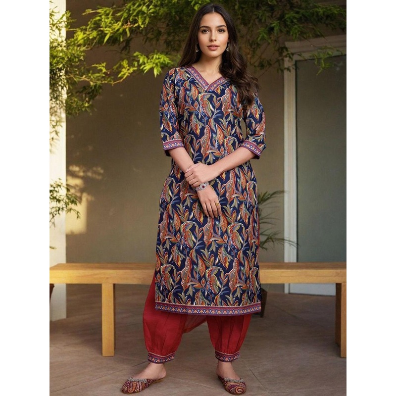 SZN Floral Printed V-Neck Straight Kurta With Salwar