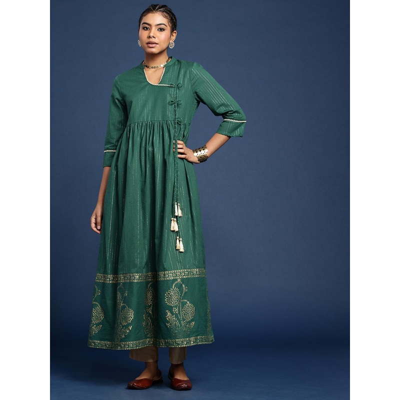 Taavi Pure Cotton Striped Taavi Festive A-Line Angrakha Kurta