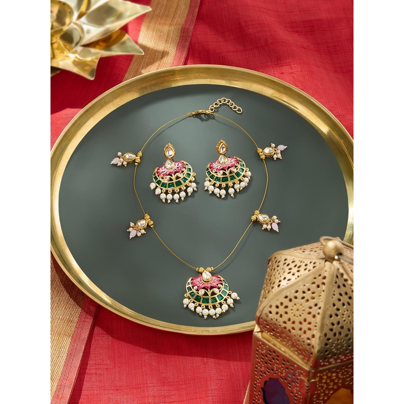 Zaveri Pearls Gold Plated Meenakari Lotus Kundan Embellished Jewellery Set