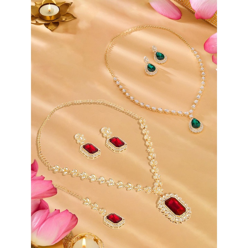 Zaveri Pearls Set Of 2 Gold Plated Diamonds Stones Studded & Beaded Jewellery Set