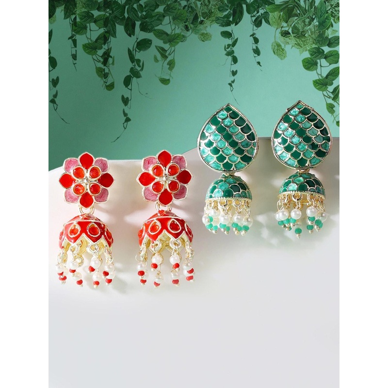 Zaveri Pearls Set of 2 Red & Green Dome Shaped Jhumkas Earrings