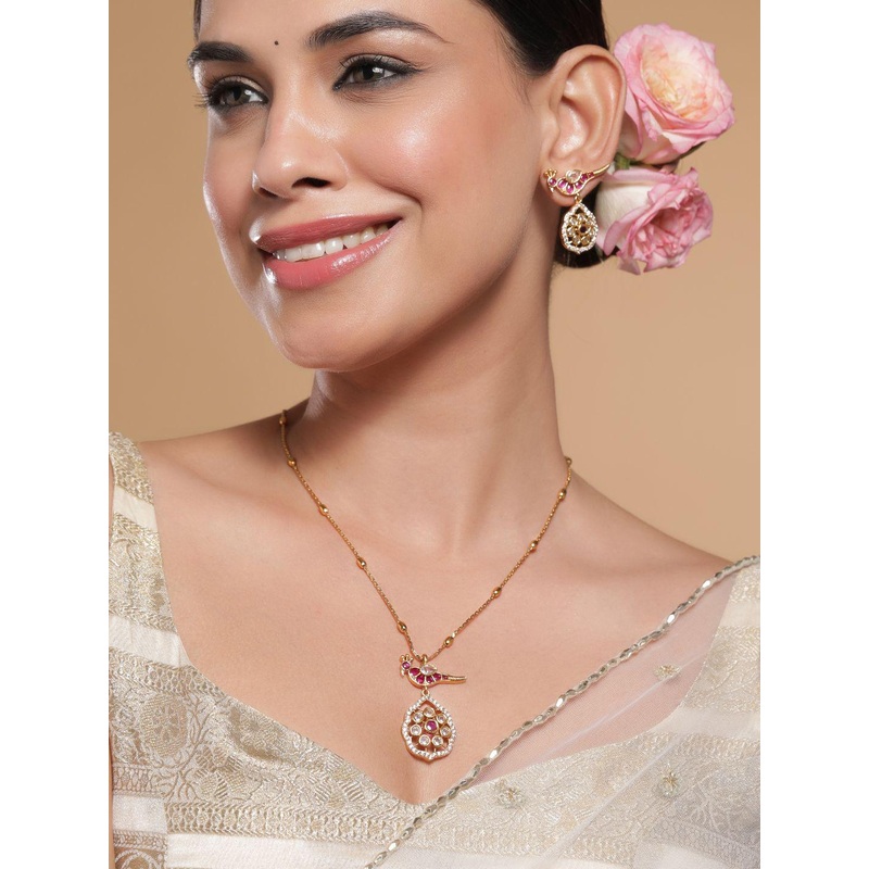 22 K Gold-Plated Ruby & Kundan with Zicronia Studded Peacock Design Necklace Set