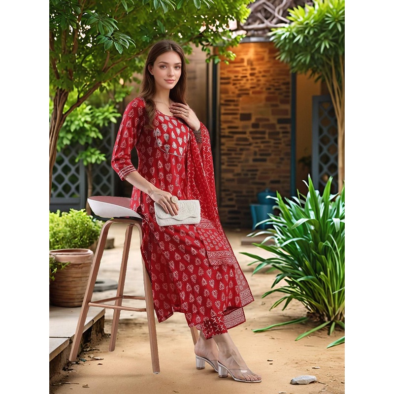 Aaghnya Women Ethnic Motifs Printed Regular Gotta Patti Kurta with Trousers & Dupatta