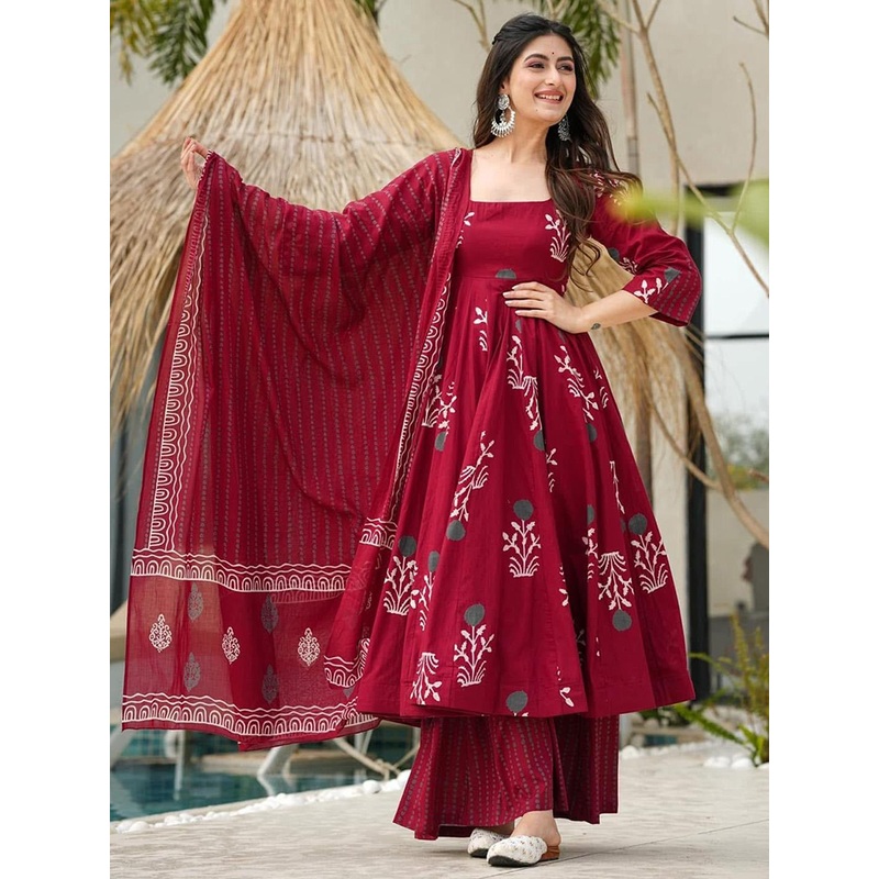 GoSriKi Women Floral Printed Anarkali Kurta with Palazzo & Dupatta