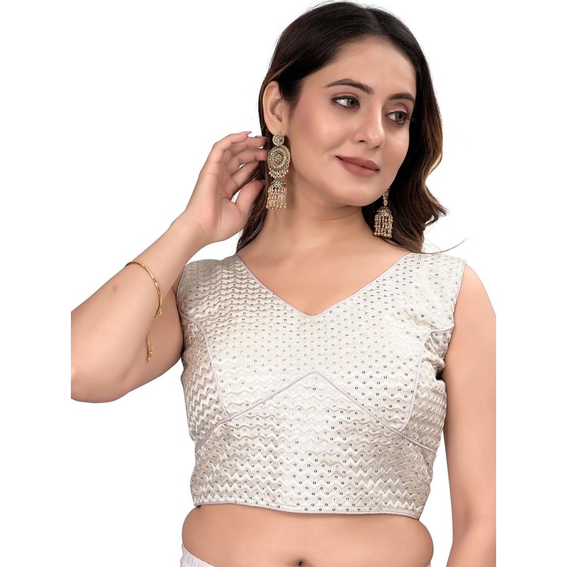 HERE&NOW Embroidered Silk Sequin V Neck Saree Blouse