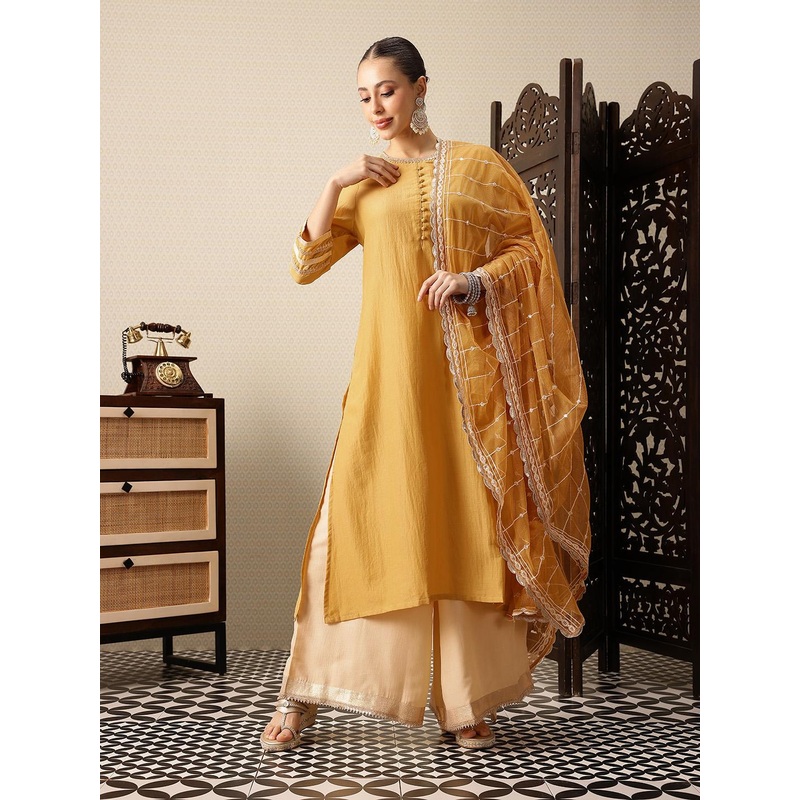 House of Pataudi Zari Embroidered Sequinned Jashn Kurta with Palazzos & With Dupatta